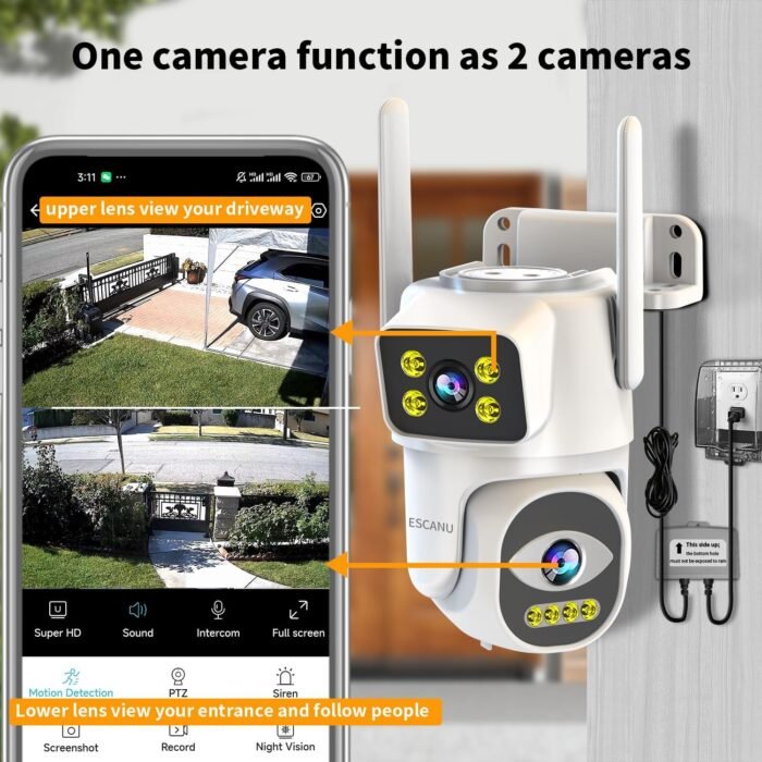 Dual Lens Security Camera Outdoor,WiFi Camera for Home Security,Home Survaillance Outdoor Camera,PTZ,2-Way Audio, Auto Tracking,Night Vision,24/7 Continous Record,IP65 Weather Proof - Image 2
