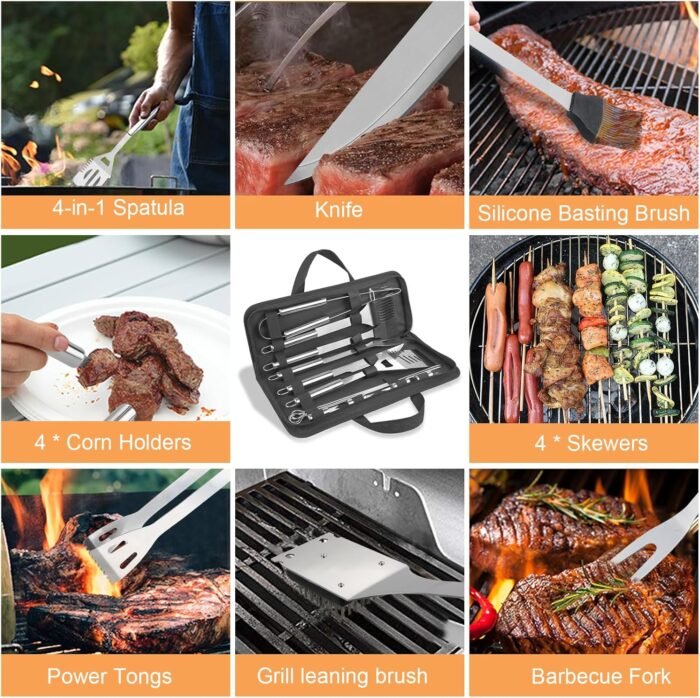 Anpro Grilling Accessories Grill Kit- Grill Set, Grilling Utensil Set, BBQ Accessories, BBQ Kit, BBQ Grill Tools, Grilling Gifts for Father's Day, Smoker, Camping, Kitchen,21 PCS-Standard Silver - Image 3