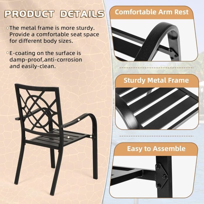 Incbruce 300lbs Patio Chairs Set of 2 Outdoor Dining Chairs, Metal Frame Stackable Patio Dining Chairs, Wrought Iron Black Outdoor Chairs with Armrest for Garden, Poolside, Backyard - Image 4