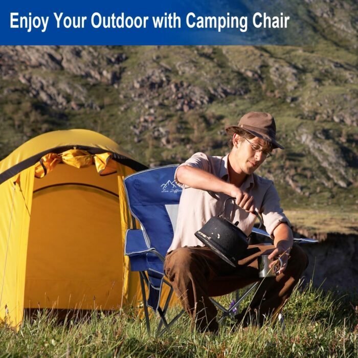 2PCS Collapsible Folding Camping Chairs Heavy Duty Lawn Foldable Chair with Cooler Bag, Storage Pocket, Waterproof Bag Outdoor Arm Sport Chair, Supports 325LBS, Blue - Image 4