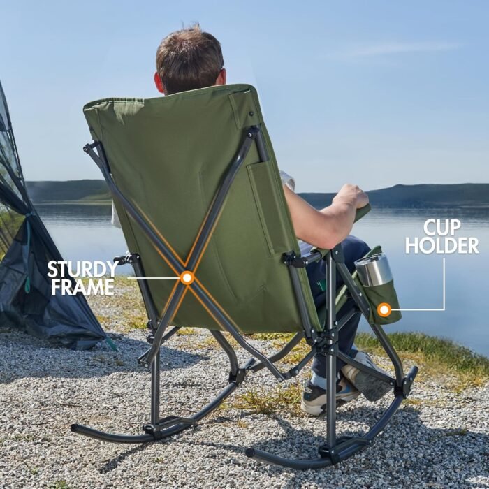 PORTAL Oversized Folding Rocking Camping Chair High Back Outdoor Rocker Portable for Outside Lawn Patio Travel Garden, Supports 400 lbs, Padded Back, Green Grey - Image 4