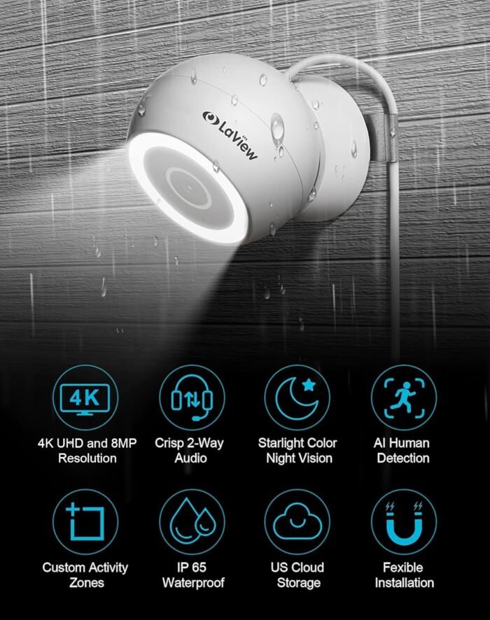 LaView 8MP 4K Security Cameras Outdoor Indoor Wired,IP65, Starlight Sensor & 100 Ft Night Vision,Motion/Person Detection,2-Way Audio/Spotlight,US Cloud,iOS & Android & Web Access - Image 2