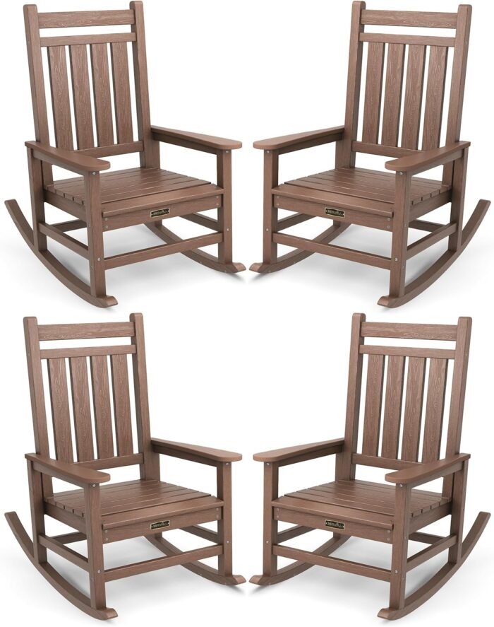 SEWALL Oversized Outdoor Rocking Chair Set of 4, HDPE Rocking Chair for Adults, Patio Rocking Chairs for Porch, Brown