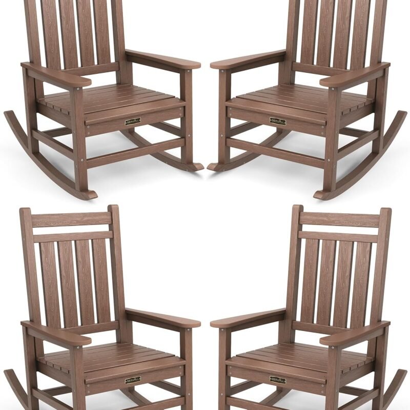 SEWALL Oversized Outdoor Rocking Chair Set of 4, HDPE Rocking Chair for Adults, Patio Rocking Chairs for Porch, Brown