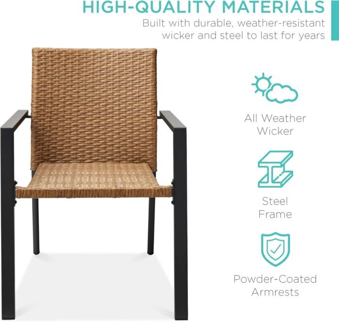 Best Choice Products Set of 2 Stackable Outdoor Wicker Dining Chairs All-Weather Firepit Armchair w/Armrests, Steel Frame for Patio, Deck, Garden, Yard - Natural - Image 3