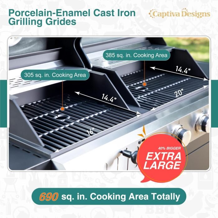 Captiva Designs Propane Gas Grill and Charcoal Grill Combo with Side Burner & Porcelain-Enameled Cast Iron Grate, Dual Fuel BBQ Grill for Outdoor Events & Backyard Barbecue, 690 SQIN Cooking Area - Image 3