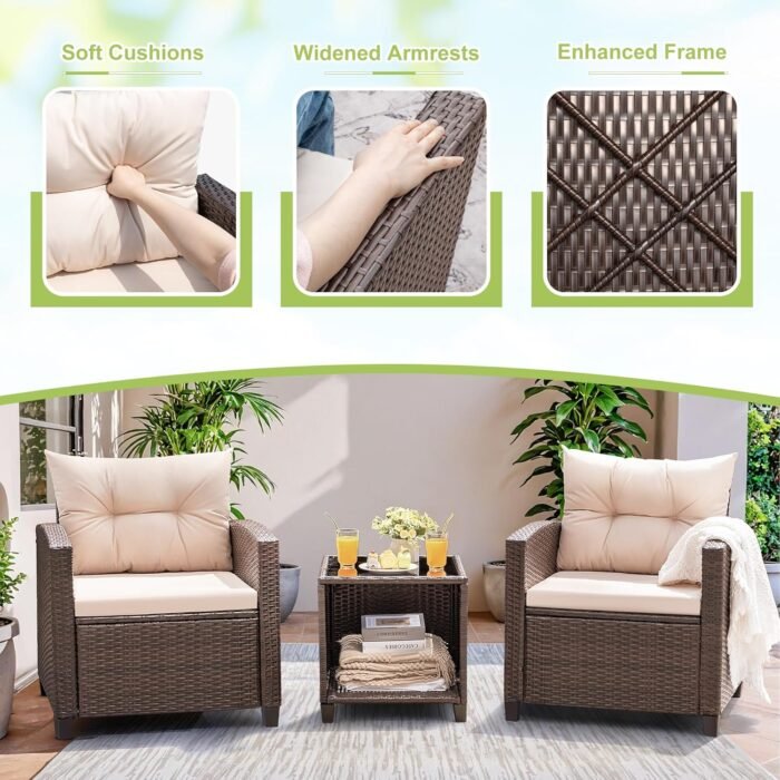 Devoko 3 Pieces Patio Furniture Set, PE Rattan Wicker Patio Set with Two Outdoor Chairs and Table, Upgraded Patio Chairs and Table for Porch, Garden Poolside Balcony - Image 3