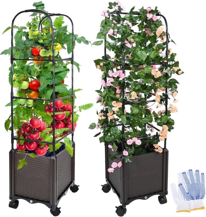 Raised Garden Bed Planter Box with Trellis, 51” Self-Watering Tomato Planter Boxes with Wheels for Climbing Plants, Tomato Cage for Patio Greenhouse Gardening Indoor Outdoor， 2 Pack