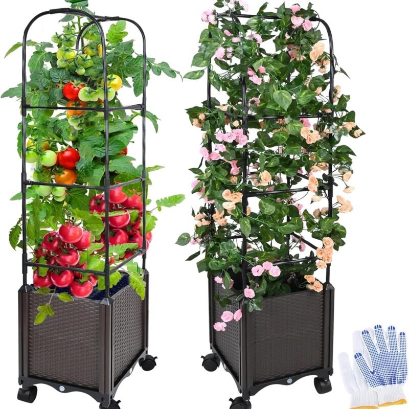Raised Garden Bed Planter Box with Trellis, 51” Self-Watering Tomato Planter Boxes with Wheels for Climbing Plants, Tomato Cage for Patio Greenhouse Gardening Indoor Outdoor, 2 Pack