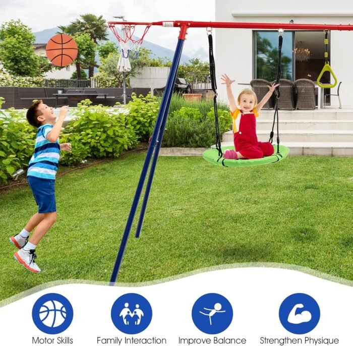 OLAKIDS Swing Sets for Backyard, 7 in 1 Outdoor 660LBS A-Frame Heavy Duty Metal Swing Stand with Monkey Bar for Kids, Playground Playset with Slide, 2 Swings, Glider, Trapeze Rings, Basketball Hoop - Image 8