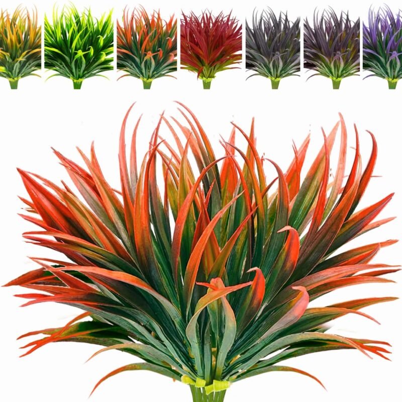 8 Pcs Outdoor Fake Plants UV Resistant Artificial Tall Grass Plants Faux Tropical Flowers Bushes Fall Winter Summer Planters Yard Patio Front Porch Décor Plastic Greenery Shrubs Decoration