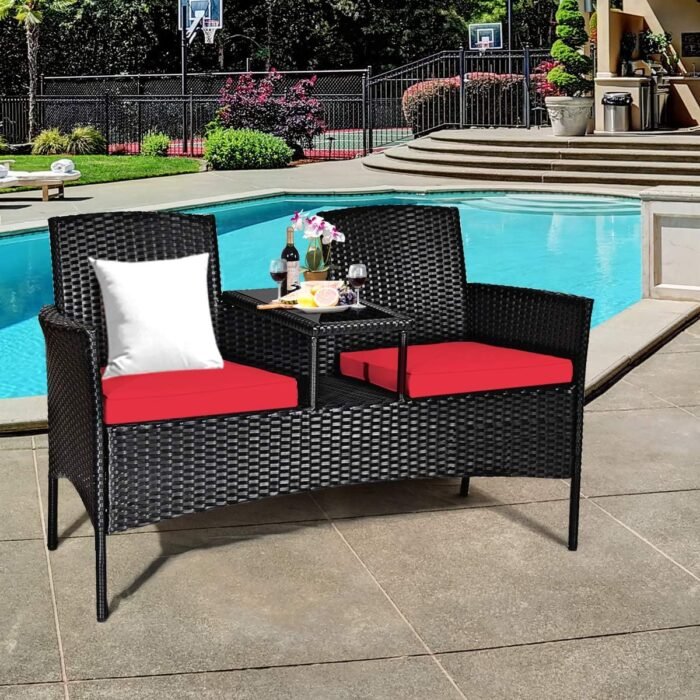 Tangkula Wicker Patio Conversation Furniture Set, Outdoor Furniture Set with Removable Cushions & Table, Tempered Glass Top, Modern Rattan Bench for Garden Lawn Backyard - Image 4
