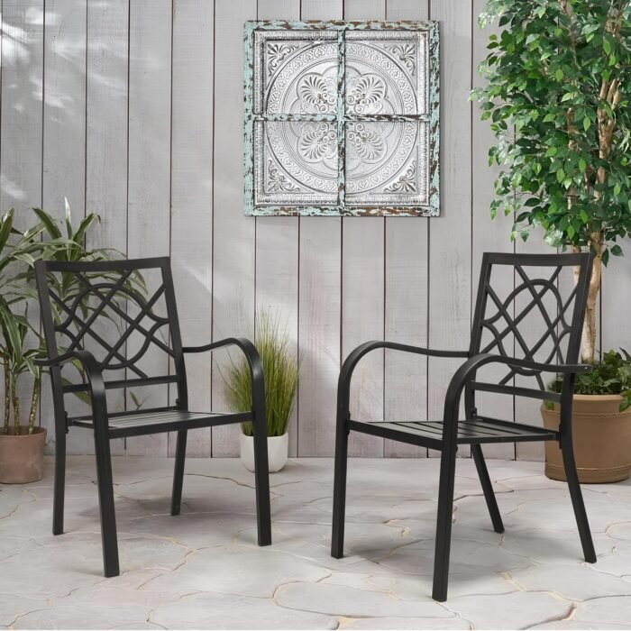 Incbruce 300lbs Patio Chairs Set of 2 Outdoor Dining Chairs, Metal Frame Stackable Patio Dining Chairs, Wrought Iron Black Outdoor Chairs with Armrest for Garden, Poolside, Backyard - Image 8