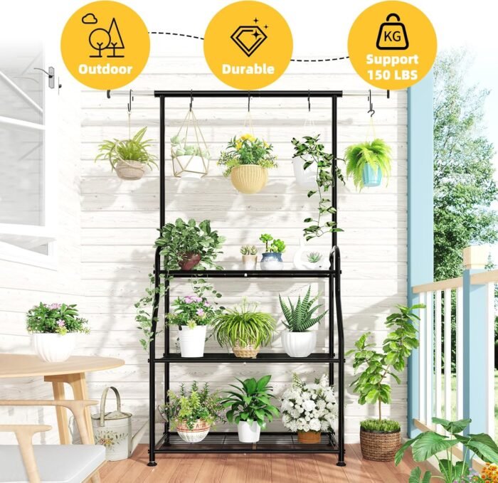 Simple Trending Plant Stand Indoor Outdoor, Heavy Duty Metal 3 Tiered Hanging Plant Shelf for Multiple Flower Planter Holder Tall Large Rack for Living Room Garden Balcony, Black - Image 2