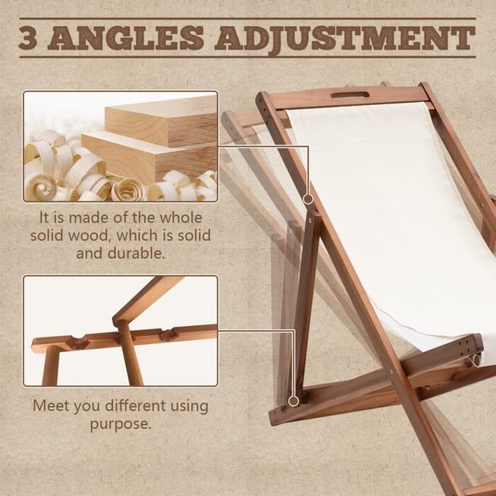 Outdoor Wooden Patio Lounge Chair 2 Set Beach Sling Chair Set Height Portable Reclining Beach Chair Solid Wood Frame with White Polyester Canvas 3 Level,Khaki - Image 7