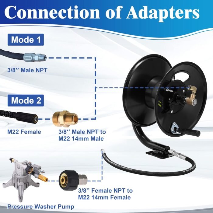 M MINGLE Pressure Washer Hose Reel 100ft, Heavy Duty Steel Hose Reel, Manual Crank Power Washer Hose Reel with Swivel Arm, 3/8" NPT Outlet Pipe, 4000 PSI - Image 4