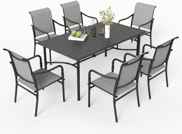 7 Pieces Patio Dining Set, Patio Dining Set for 6, 67" Rectangular Outdoor Dining Table, 6 X Textilene Chairs, for Garden Lawn Porch Backyard Poolside，Grey - Image 8