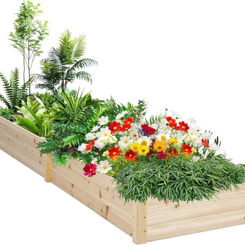 8 FT Outdoor Wooden Raised Garden Bed, Elevated Planting Planter Box Kit for Flowers/Vegetables/Herbs in Backyard/Patio/Outdoor, Natural