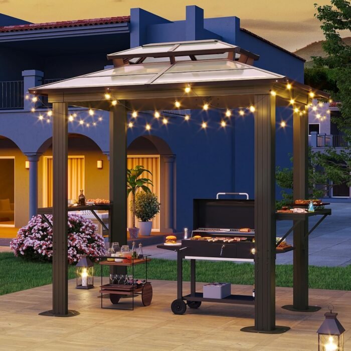 Aoxun Grill Gazebo 8 x 5FT, Outdoor Barbecue Gazebo with Double Polycarbonate Top, Aluminum Grill Canopy with Shelves for Patio, Lawn, Garden - Image 2