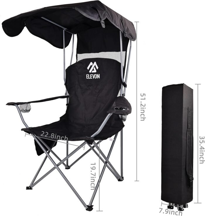 Elevon Camp Chairs with Shade Canopy Chair Folding Camping Recliner Support with Carrying Bag, Black - Image 3