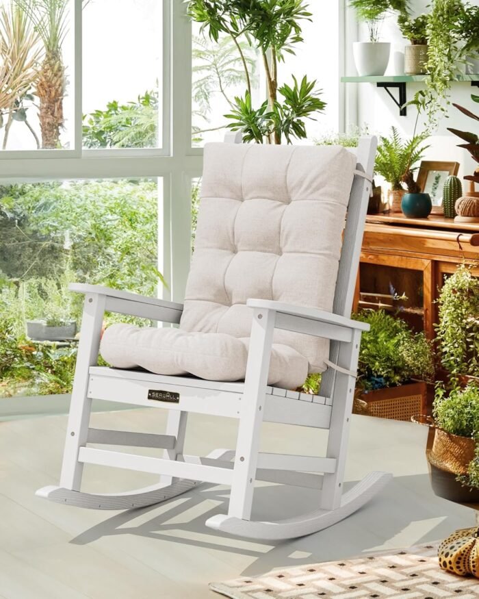 SERWALL HDPE Outdoor Rocking Chair Cushion Set of 2 Memory Foam Cushion Beige - Image 7