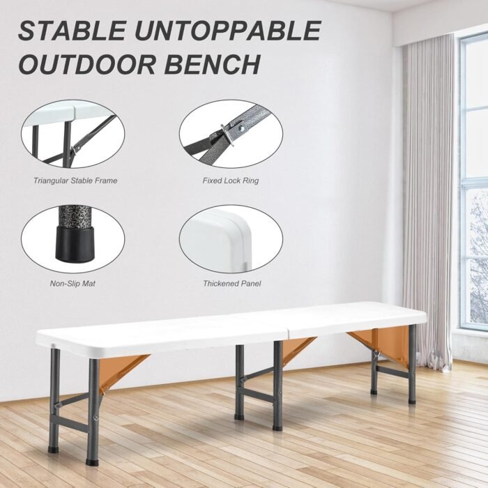 6ft Plastic Folding Bench(2 Pack), Portable Outdoor Bench with Handle & Non-Slip Mat, Waterproof Park Bench for Garden, Picnic Camping Dining Party Soccer Field, Sturdy Metal Frame - Image 5