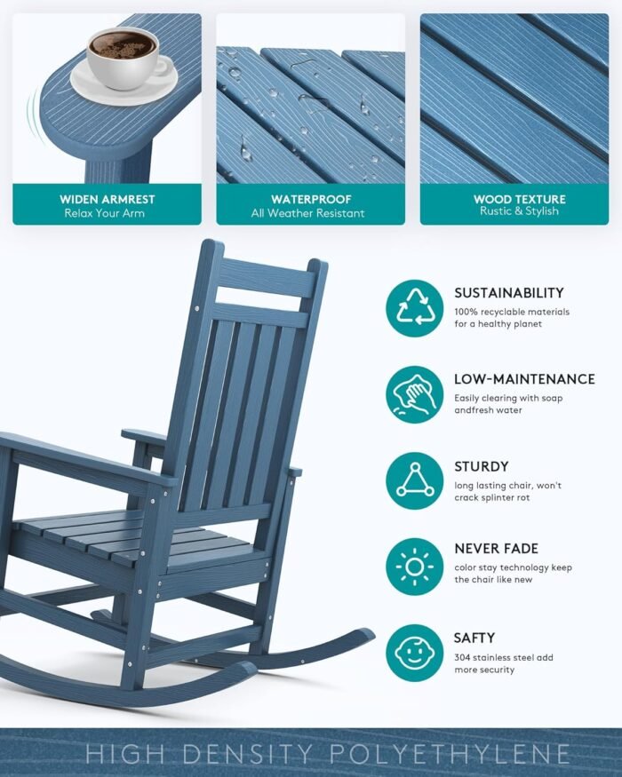 SERWALL Oversized Rocking Chair, Outdoor Rocking Chair for Adults, All Weather Resistant Porch Rocker for Lawn Garden, Blue - Image 3