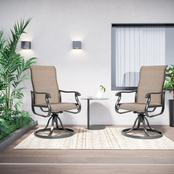 Amopatio Patio Swivel Chairs Set of 2, Outdoor Swivel Rocker Dining Chairs with All Weather Textilene High Back & Metal Frame, for Backyard Deck Lawn Garden, Brown - Image 2