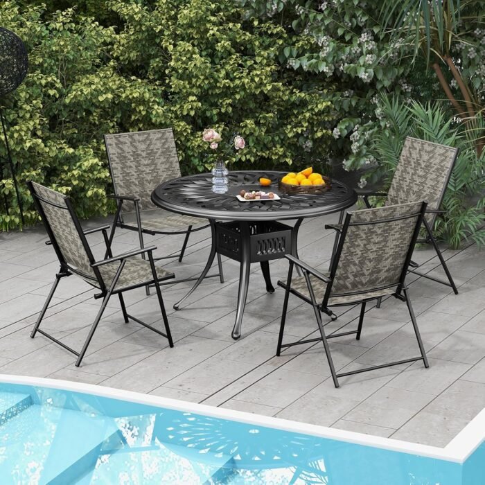 Tangkula Set of 4 Patio Folding Chairs, Outdoor Wicker Dining Chairs with Armrests, Portable Lawn Chairs with Metal Frame for Garden, Backyard, Poolside, No Assembly (4, Mix Gray) - Image 4