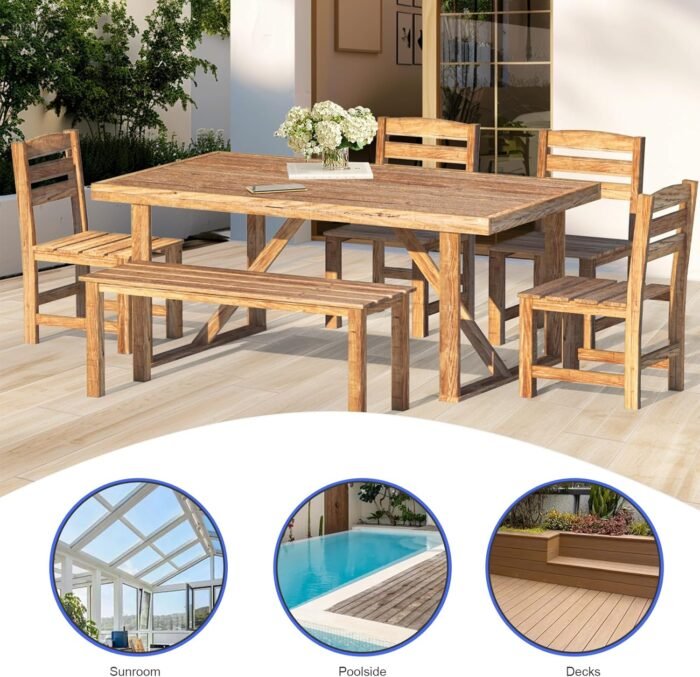 7 Pieces Patio Dining Set for 6, Acacia Wood Outdoor Dining Table and Chairs, All Weather Patio Furniture Set with Bench for Yard Garden Lawn Porch & Poolside - Image 6