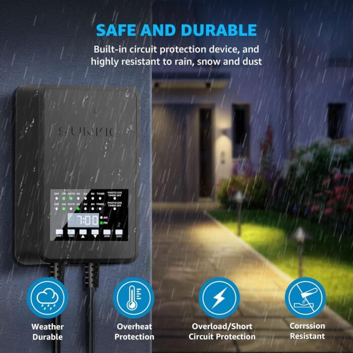 SUNVIE 300W Low Voltage Landscape Transformer with 2 Independent Control Output Landscape Lighting Transformer with Timer and Photocell Sensor 120V AC to 12/14V AC Weatherproof Low Voltage Transformer - Image 6
