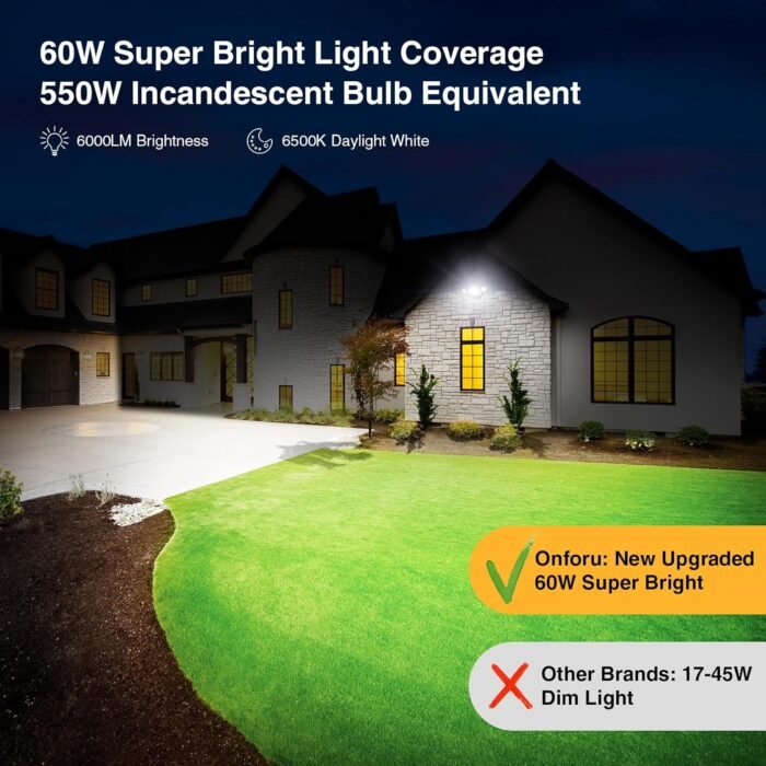 Onforu 60W LED Dusk to Dawn Flood Lights, 6000LM Exterior Security Outdoor Lighting, IP65 Waterproof Outdoor 3 Adjustable Heads Photocell Light Fixture, 6500K White Floodlight for Garage, Patio, Yard - Image 5