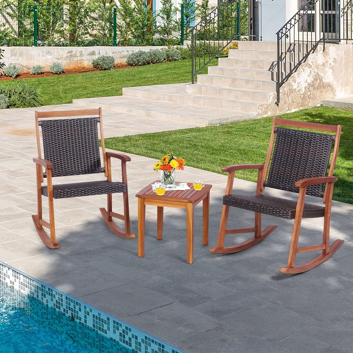 HAPPYGRILL 3 Pieces Rocking Bistro Set Acacia Wood Patio Rocking Chairs with Coffee Table, Rattan Wicker Rocking Conversation Set for Garden Porch Backyard - Image 3