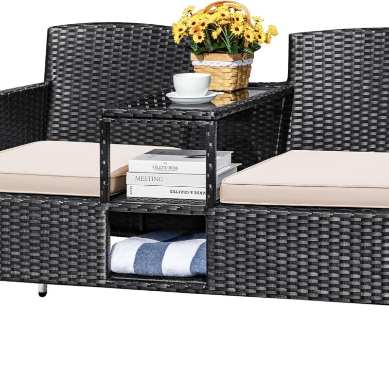 Devoko Outdoor Patio Loveseat Modern Rattan 2-Seat Patio Conversation Set with Cushions & Built-in Coffee Table Porch Furniture for Garden Lawn Backyard (Beige)
