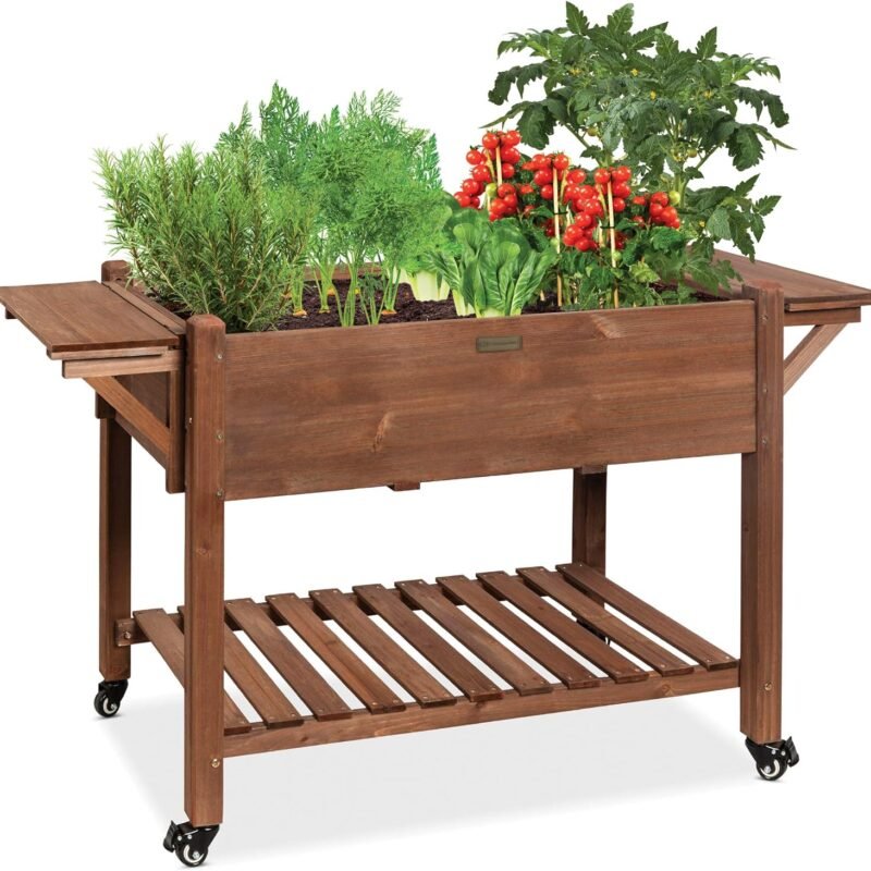 Best Choice Products 57x20x33in Mobile Raised Garden Bed Elevated Wood Planter Box Stand for Backyard, Patio w/Folding Side Tables, Locking Wheels - Brown