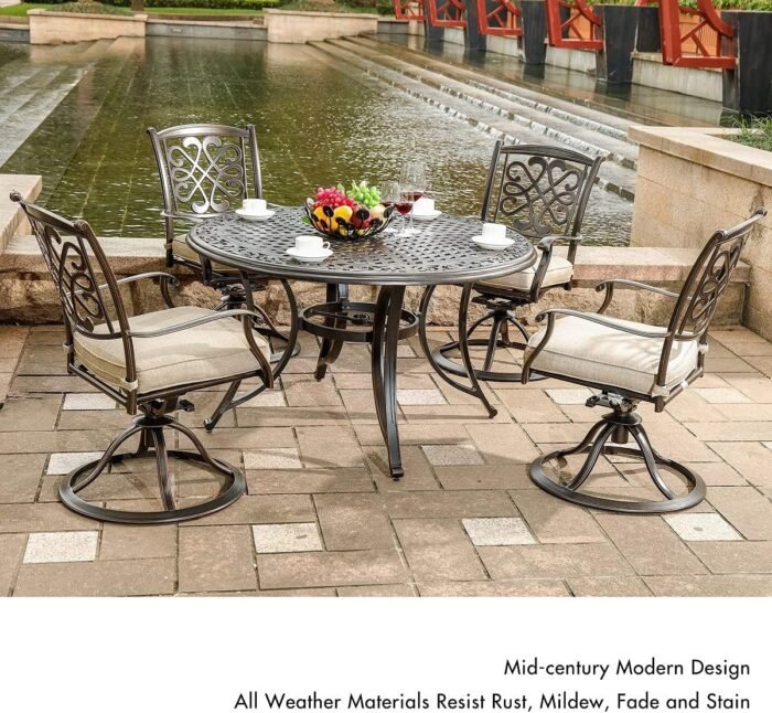 DALI 5 Piece Outdoor Dining Set Patio Furniture, Deep Cushioned Aluminum Swivel Rocker Chair Set with 48 inch Round Alum Casting Table - Image 2