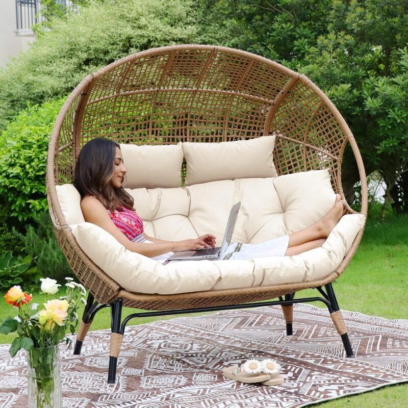 NICESOUL® Double Egg Chair Indoor Outdoor Stationary Oversized Thicken Padded Cushions,2 Person Egg Loveseat Chair,680 lbs Extra Large Lounge Chair for Patio Balcony Porch Backyard Beige, Xmas Gift