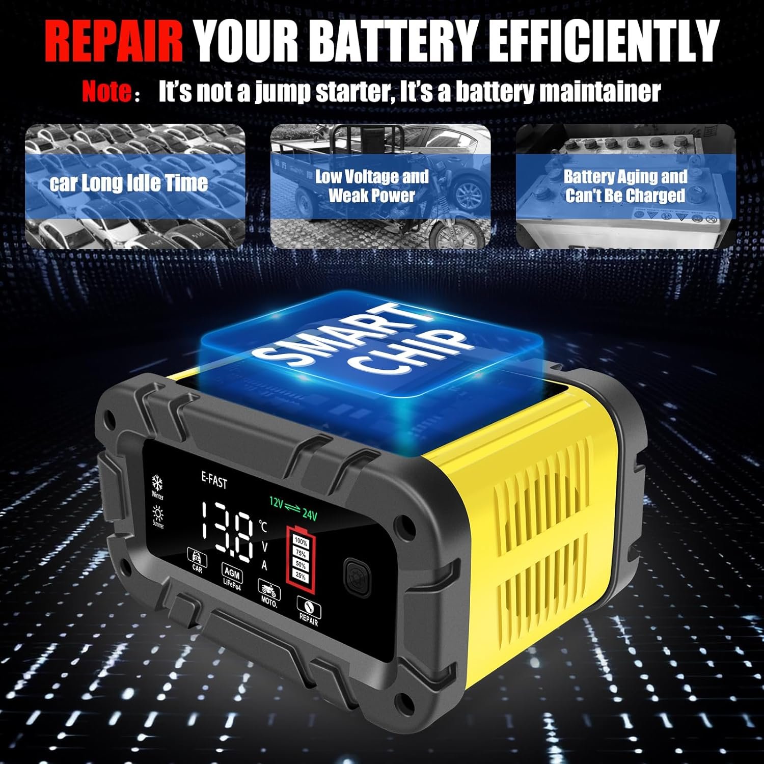 E-FAST 20A Battery Charger,12/24V Lifepo4 Lead Acid Automatic Smart Car Battery Charger, Portable Automotive Trickle Charger, Automobile Battery Maintainer for Car Truck Motorcycle Lawn Mower Boat - Image 4
