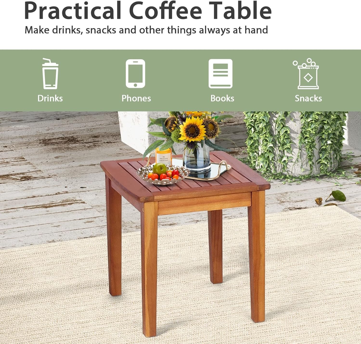 HAPPYGRILL 3 Pieces Rocking Bistro Set Acacia Wood Patio Rocking Chairs with Coffee Table, Rattan Wicker Rocking Conversation Set for Garden Porch Backyard - Image 5