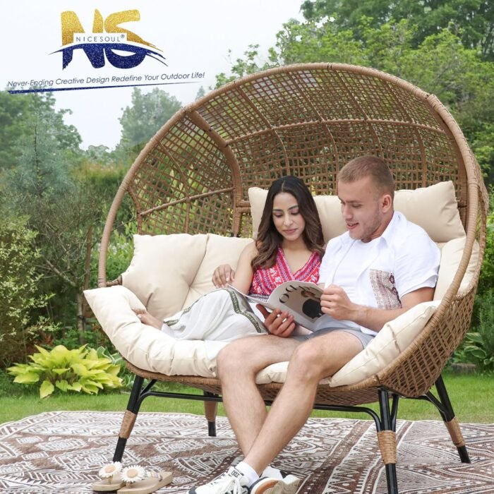 NICESOUL® Double Egg Chair Indoor Outdoor Stationary Oversized Thicken Padded Cushions,2 Person Egg Loveseat Chair,680 lbs Extra Large Lounge Chair for Patio Balcony Porch Backyard Beige, Xmas Gift - Image 4