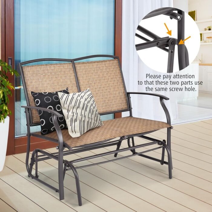 Tangkula 2-Person Patio Glider Bench, Outdoor Rocker Glider Loveseat Chair W/Heavy-Duty Steel Frame, Breathable Seat Fabric, Rocking Lounge Chair for Poolside, Garden, Backyard (Brown) - Image 6