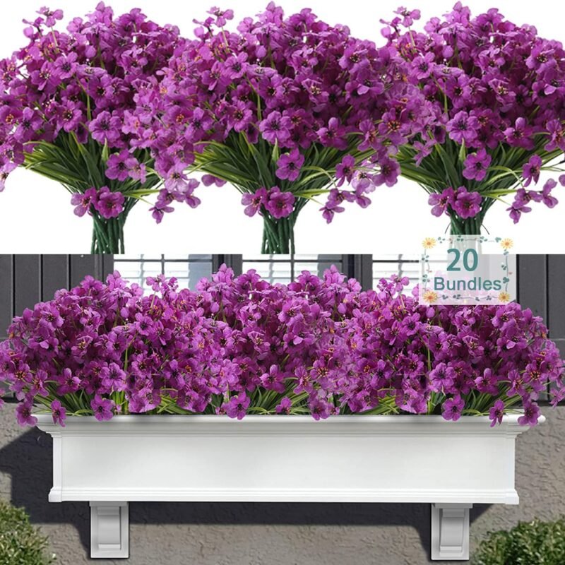 20 Bundles Artificial Flowers for Outdoors, UV Resistant Fake Flowers with Plastic Plants, Faux Silk Flowers for Outside Window Box Front Porch Hanging Planter Decor-Purple