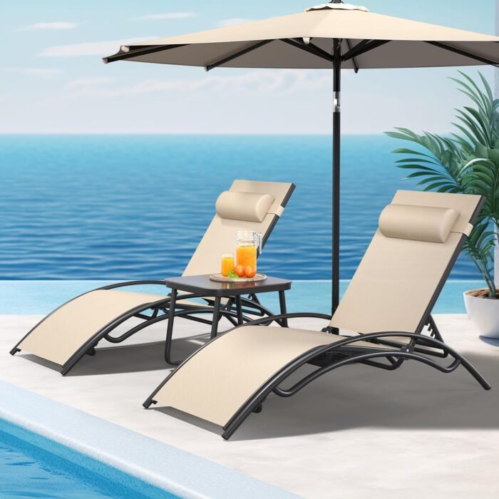 YITAHOME Outdoor Chaise Lounge Chair Set of 3, Pool Lounge Chairs with Side Table & 5-Position Adjustable Backrest, Sunbathing Recliner for Poolside, Backyard, Lawn, Deck - Khaki