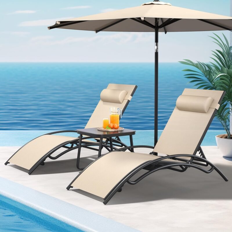 YITAHOME Outdoor Chaise Lounge Chair Set of 3, Pool Lounge Chairs with Side Table & 5-Position Adjustable Backrest, Sunbathing Recliner for Poolside, Backyard, Lawn, Deck - Khaki