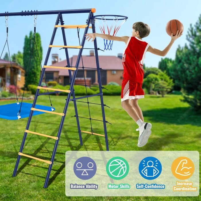 Swing Set for Backyard 550lbs - 6 in 1 Kid Outdoor Playground with Heavy Duty A-Frame Swing Stand, Platform Swing, Belt Swing, Climbing Rope & Climbing Ladder, Basketball Hoop for 3-8 Years Old - Image 6
