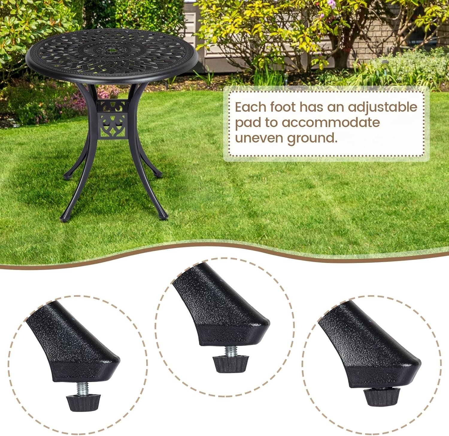 30.25 Inch Patio Bistro Table with Adjustable Feet, Round Outdoor Coffee Table with Umbrella Hole, Outdoor Side Table for Porch, Backyard, Garden, Classic Black - Image 5