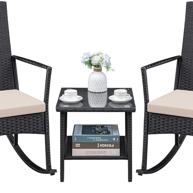 Greesum 3 Pieces Patio Furniture Set Outdoor Wicker Rocking Chairs with Glass Coffee Table for Garden Backyard Porch Poolside, Beige