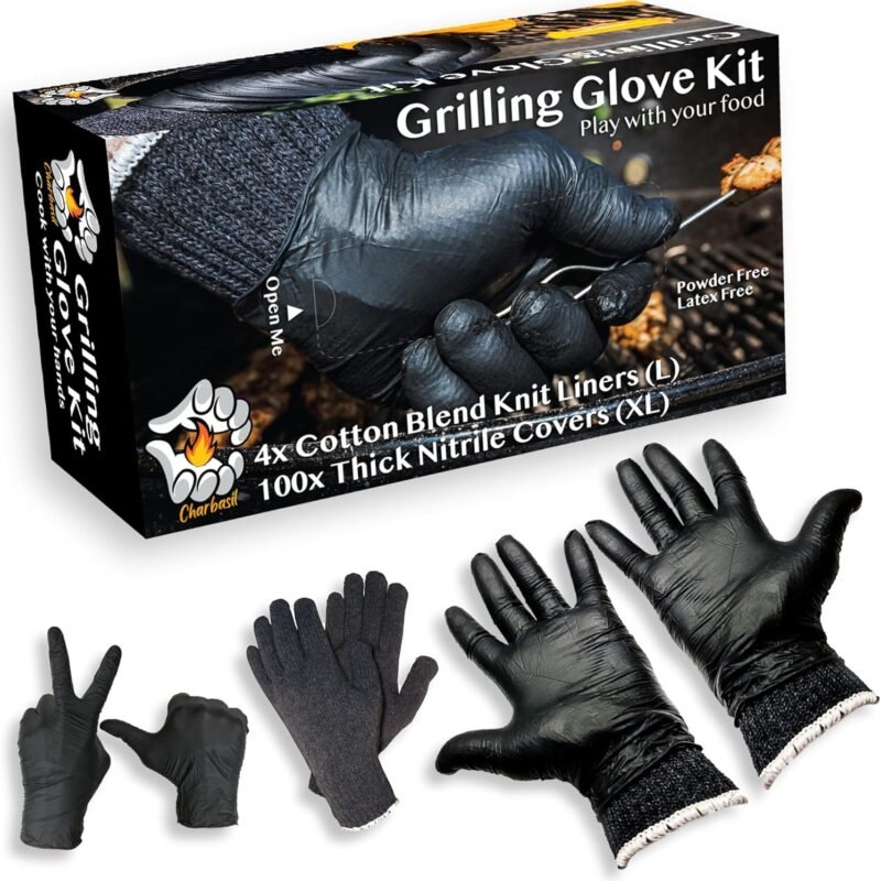 Grilling Glove Kit – 100 Black Nitrile Gloves – 4 Thick Cotton Liners – Disposable BBQ Gloves with Washable Heat-Resistant Liners – Replaceable Cover Oven Mitt for Barbecue and Smoking Meat