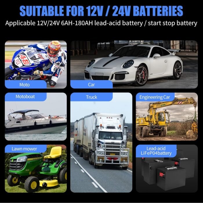 E-FAST Battery Charger, 10A Lifepo4 Lead Acid Car Battery Charger, Upgraded Automobile Trickle Charger 12/24V, All in 1 Battery Maintainer, for Truck Motorcycle AGM Lawn Mower Boat Marine Batteries - Image 6