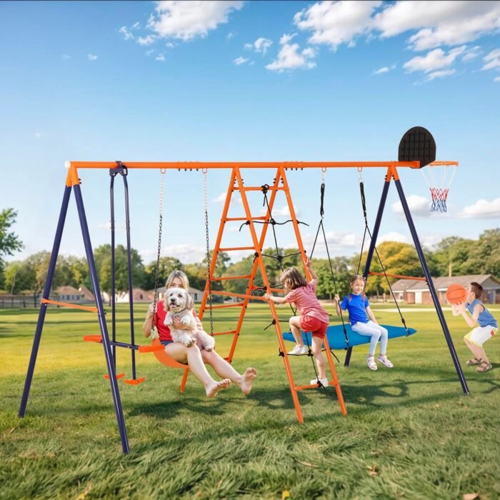 SUPER DEAL Metal Swing Set Kids Outdoor Playground Playset for Backyards Heavy Duty 6 in 1 Adjustable Platform Swing and Belt Swing, Climbing Ladder and Nets, Swing Glider, Basketball Hoop Combo - Image 6